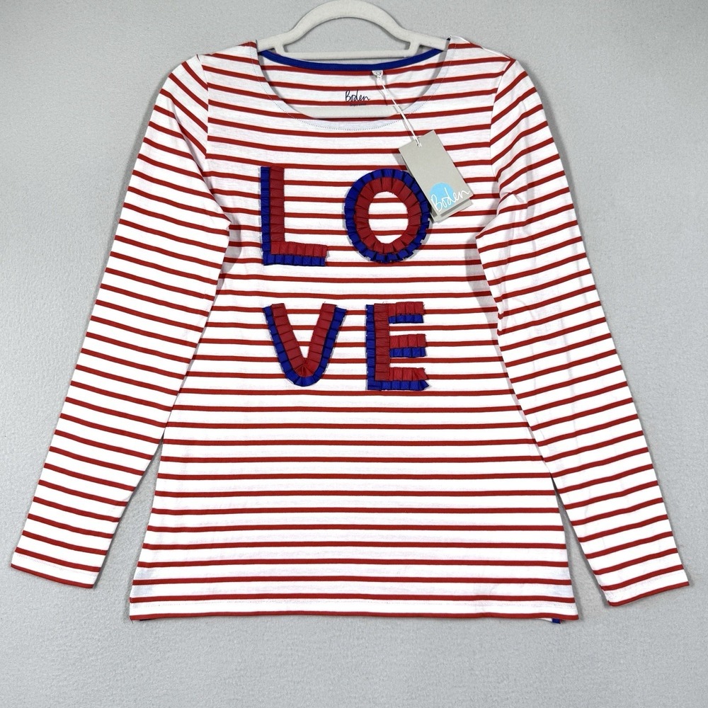Boden Top Womens 8 Long Sleeve Breton Make A Statement Frilled LOVE Stripe NWT